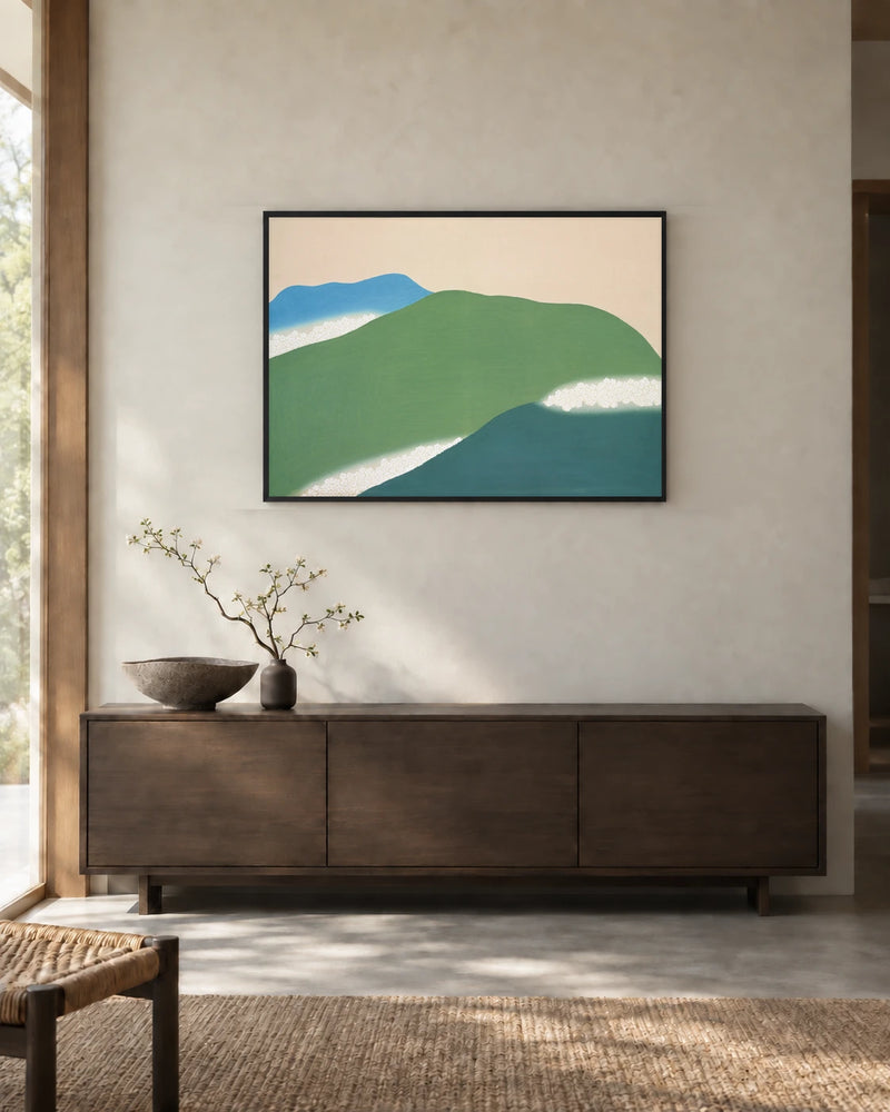 Green Mountains — styled room visualisation in a black frame