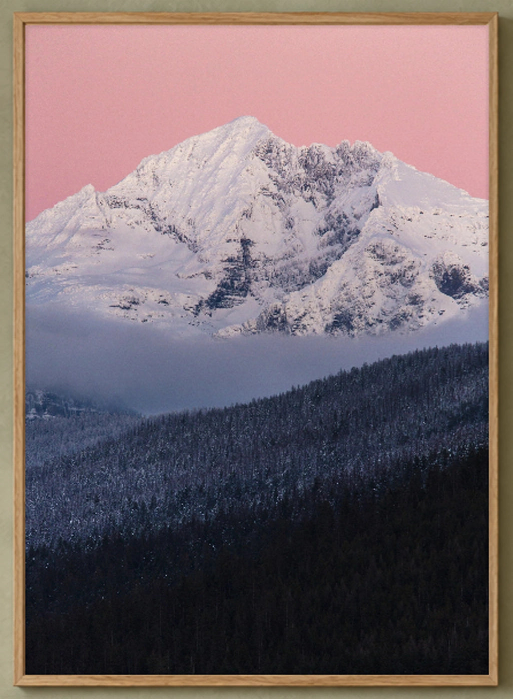 Gunsight Mountain at Dusk Photographic Print in a natural wood frame; close-up of the framed artwork.