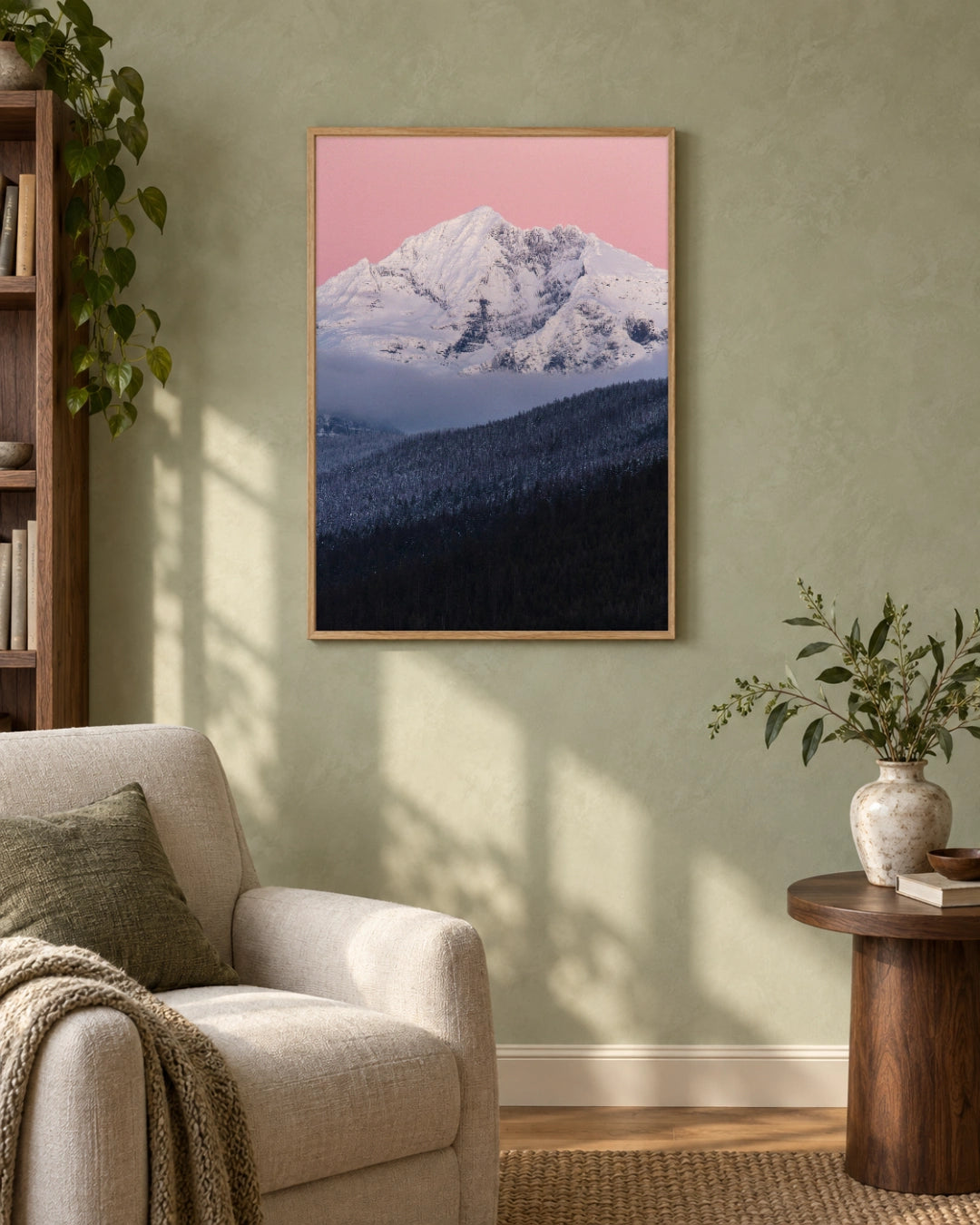Gunsight Mountain at Dusk Photographic Print in a natural wood frame; styled botanical setting.