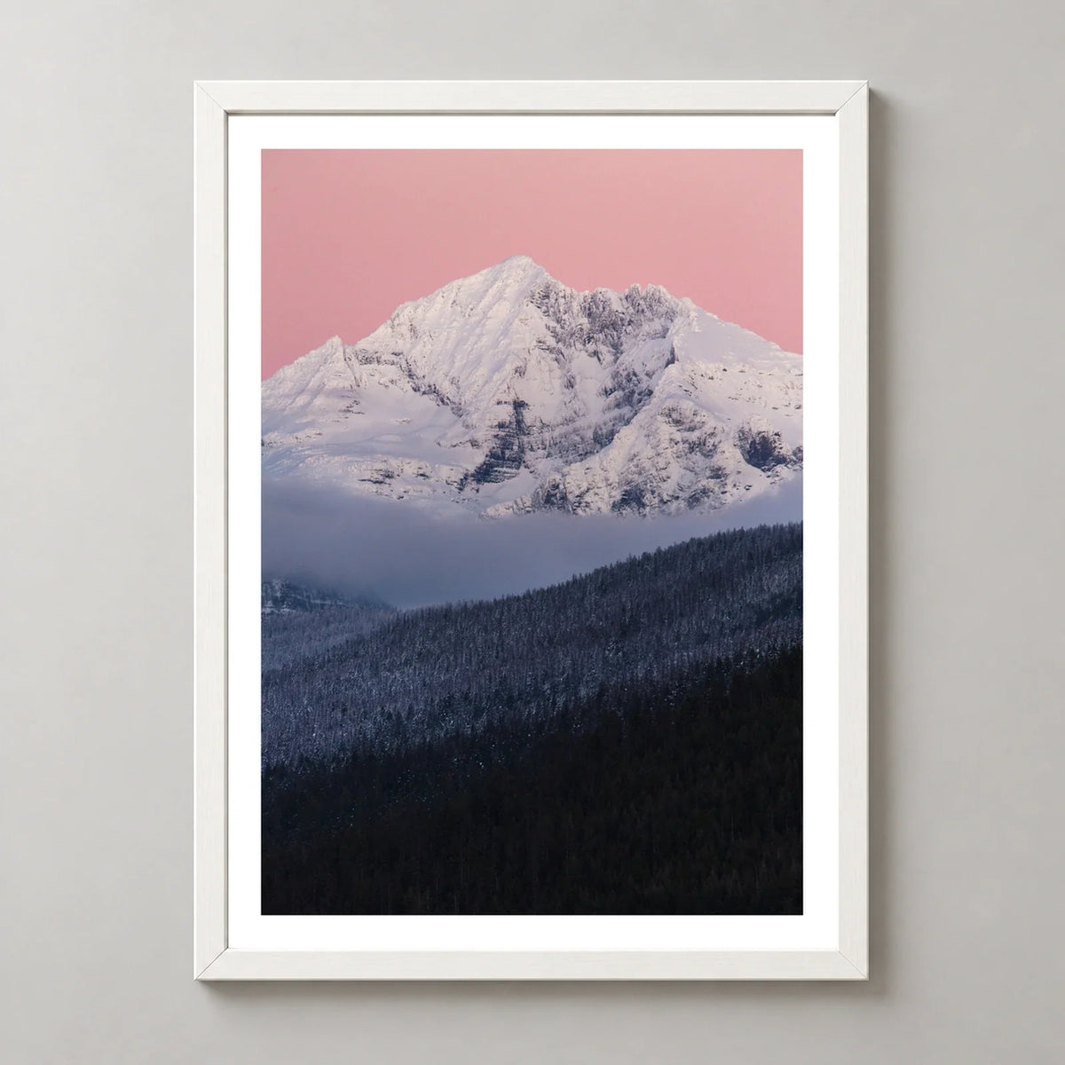 Gunsight Mountain at Dusk Photographic Print — realistic white frame studio view with white border