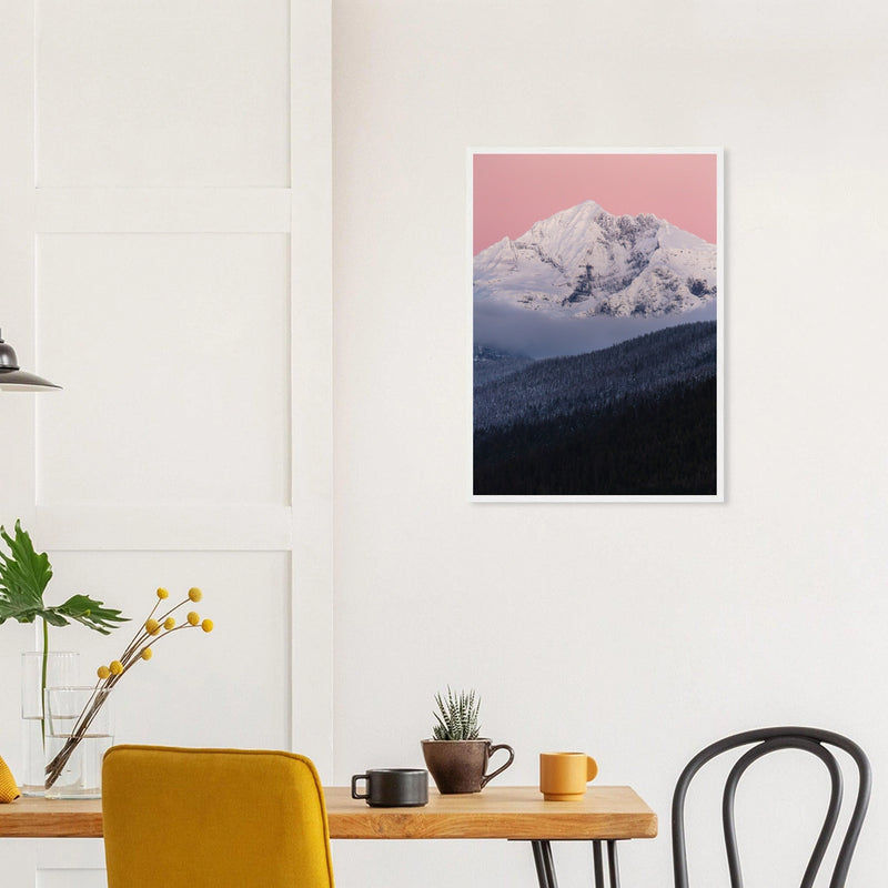 Gunsight Mountain at Dusk in a white frame above a dining table; styled room mockup