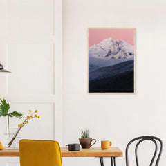 Gunsight Mountain at Dusk in a natural wood frame above a dining table; styled room mockup