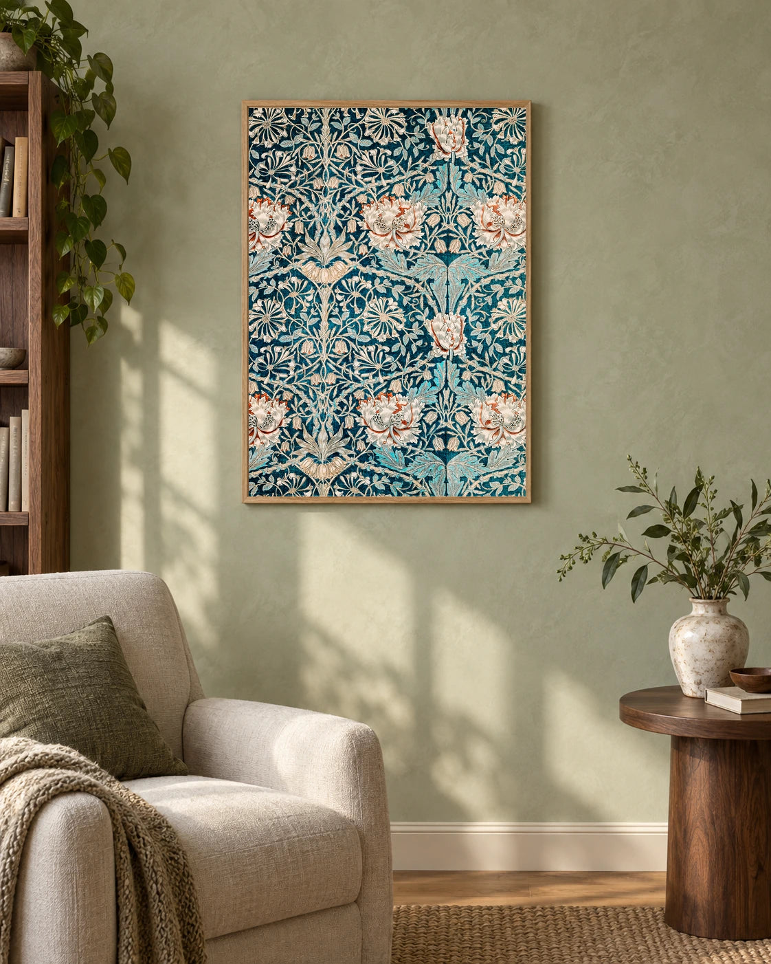 Honeysuckle Pattern — styled room visualisation in a natural wood frame