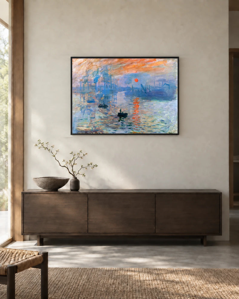 Impression, Sunrise — styled room visualisation in a black frame