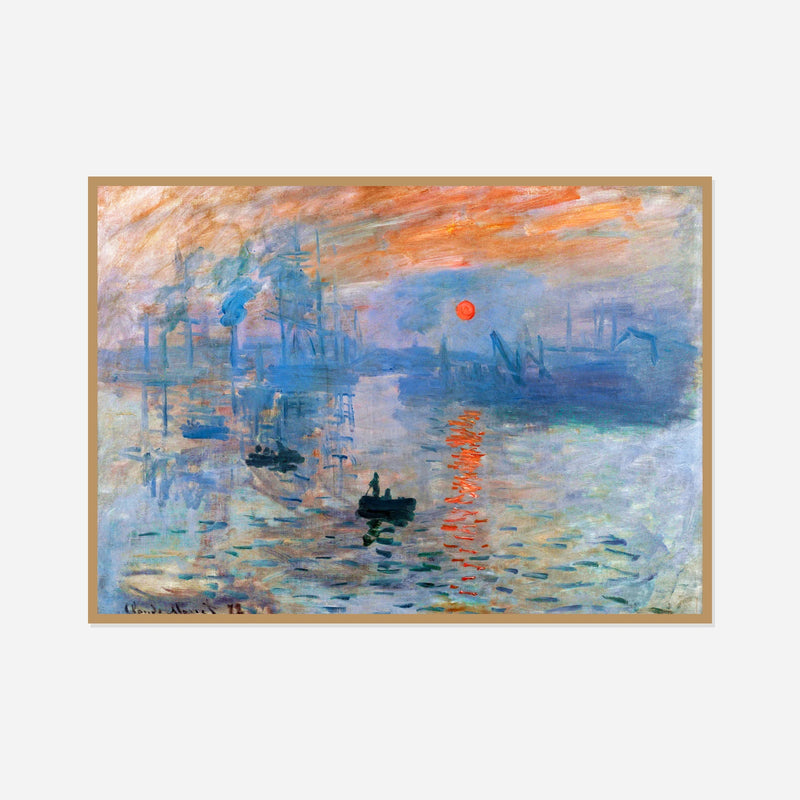 Impression, Sunrise — front view in a natural wood frame