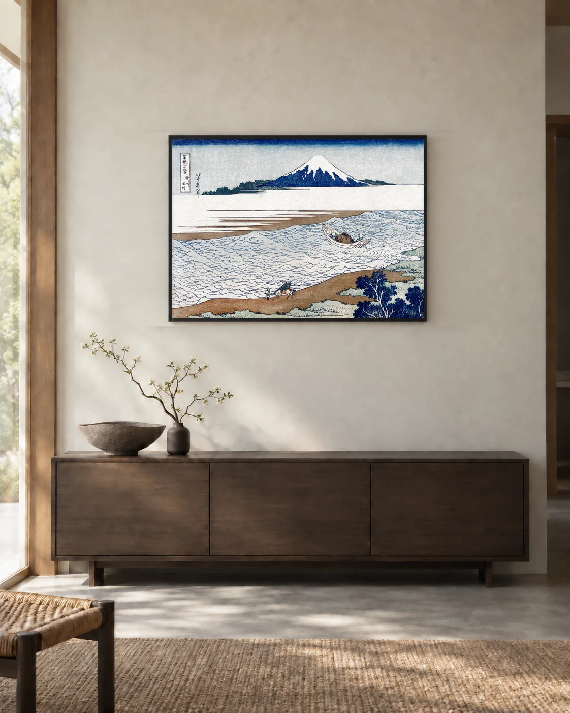Jewel River and Mount Fuji — styled room visualisation in a black frame