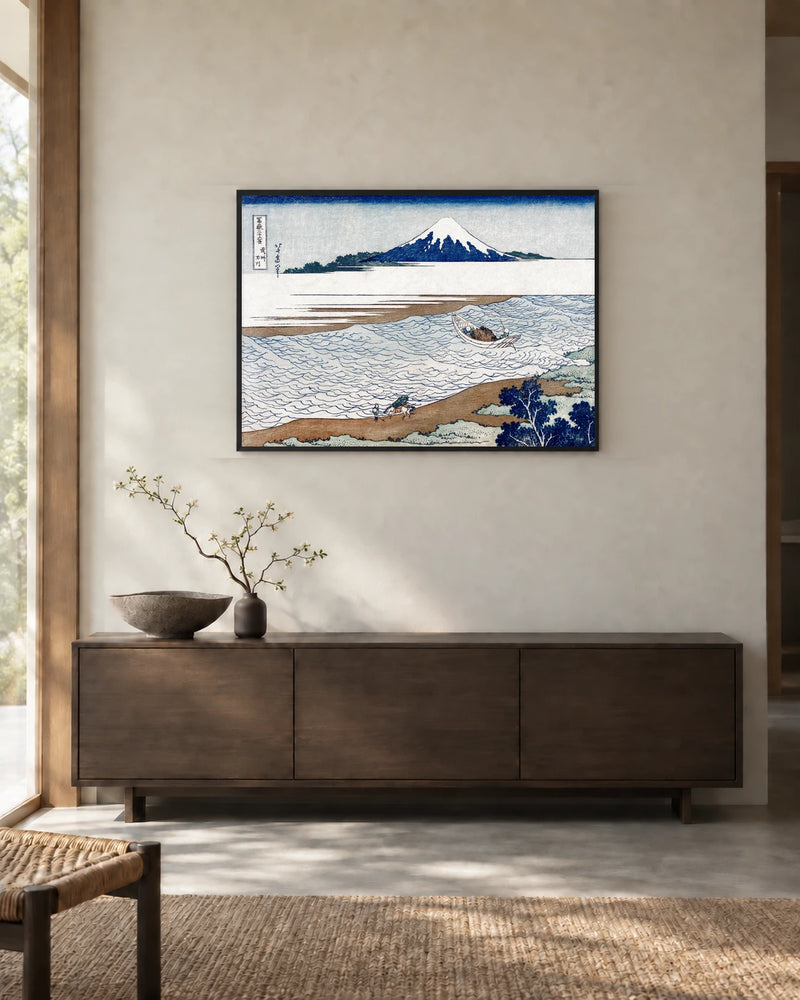 Jewel River and Mount Fuji — styled room visualisation in a black frame
