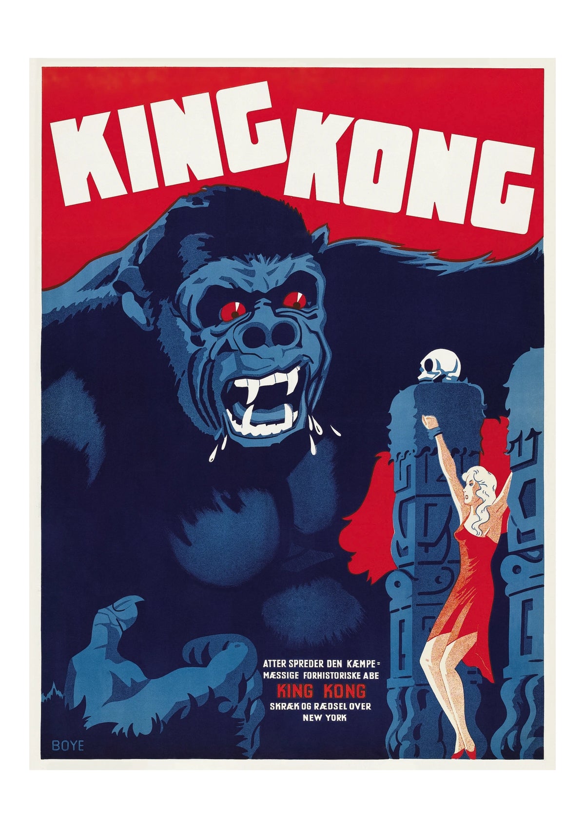 King Kong Danish Vintage Movie Poster (1933). Oversized cream lettering and a powerful blue-and-red illustration give this Danish King Kong poster its graphic impact