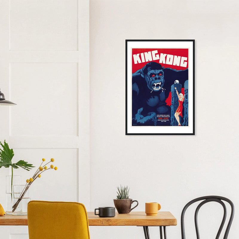 King Kong — Danish Poster in a black frame above a dining table; styled room mockup