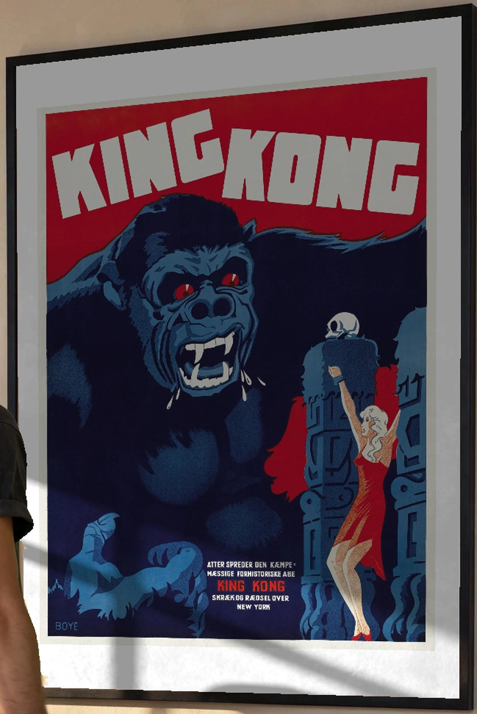 King Kong Danish Vintage Movie Poster (1933) in a black frame; close-up of the framed artwork.