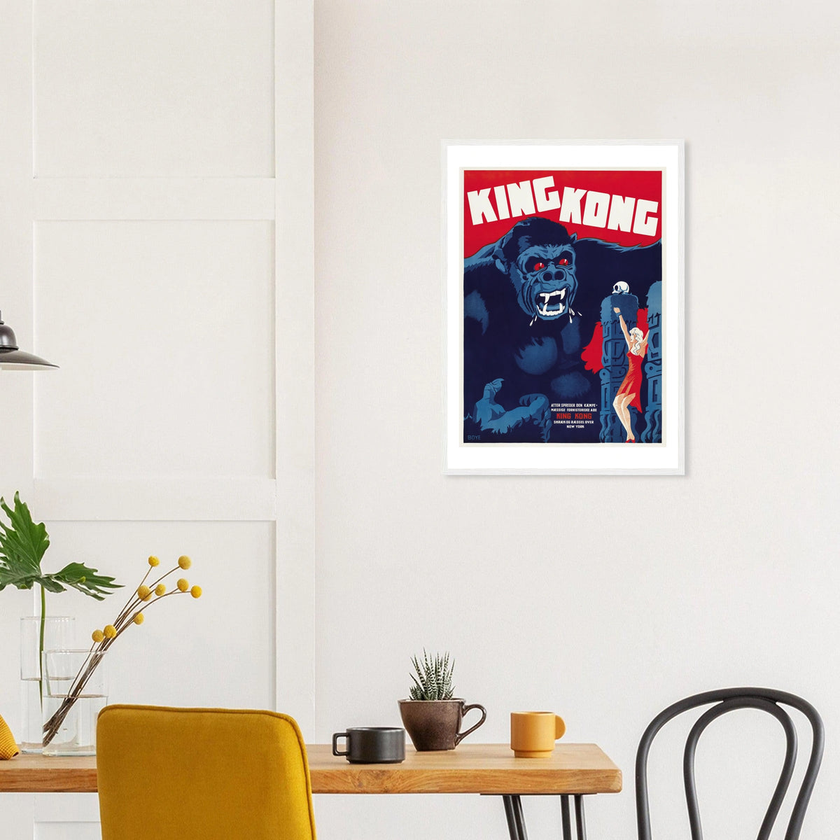 King Kong — Danish Poster in a white frame above a dining table; styled room mockup
