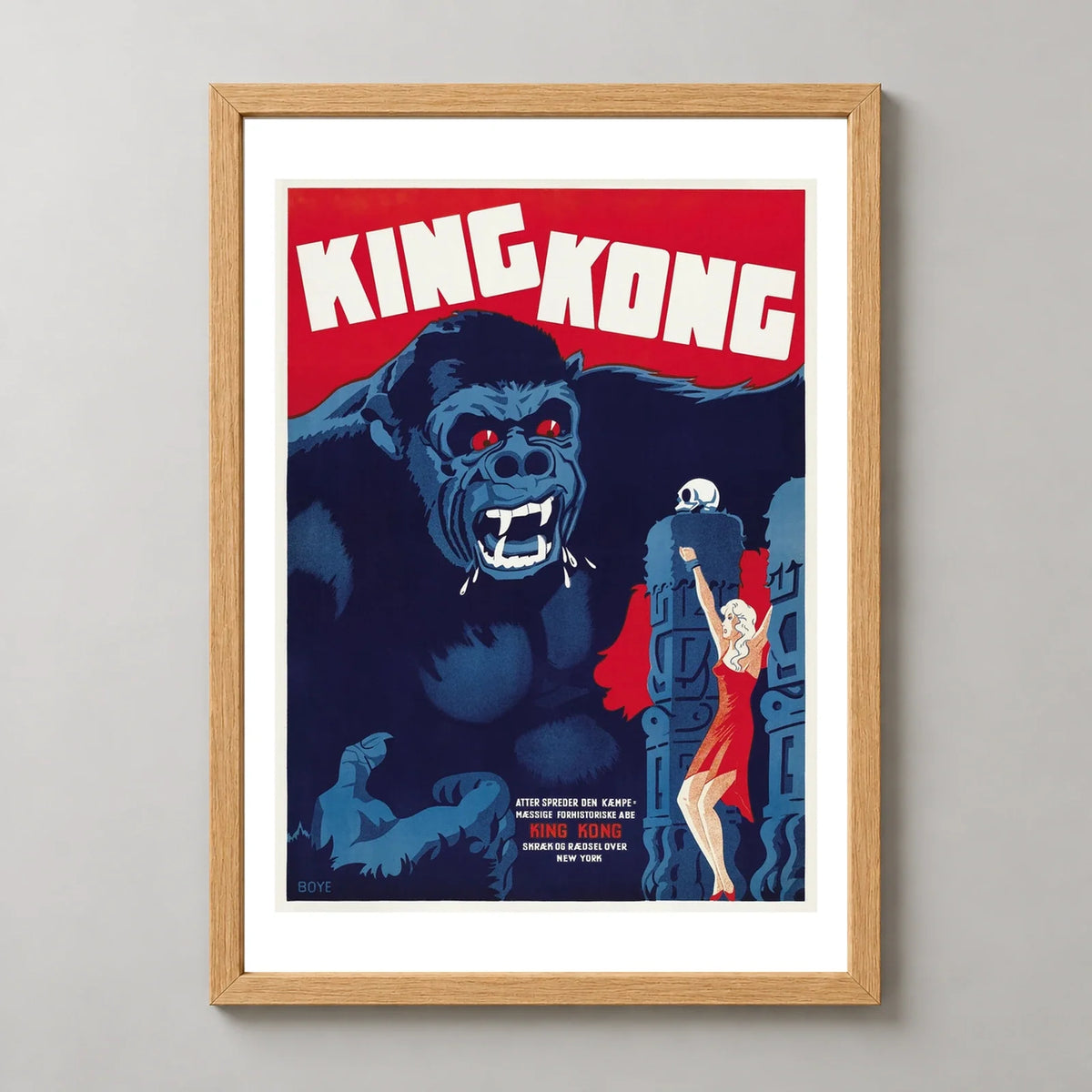 King Kong Danish Vintage Movie Poster (1933) in a natural wood frame, front view
