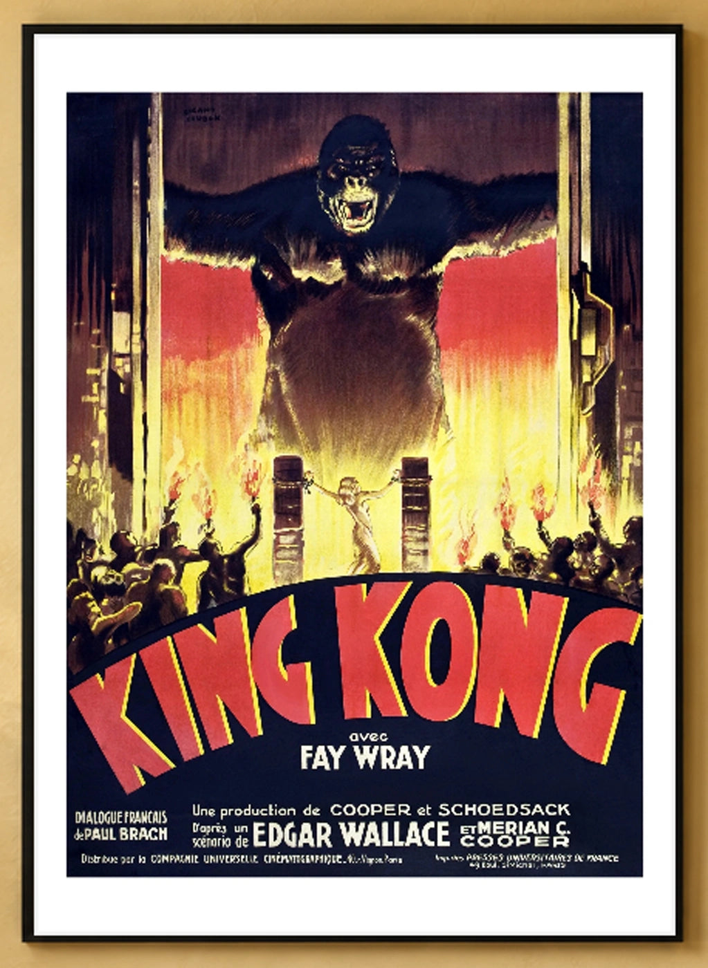 King Kong French Vintage Movie Poster (1933) in a black frame; close-up of the framed artwork.