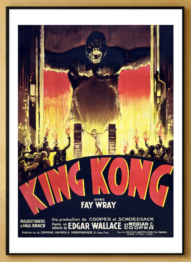 King Kong French Vintage Movie Poster (1933) in a black frame; close-up of the framed artwork.