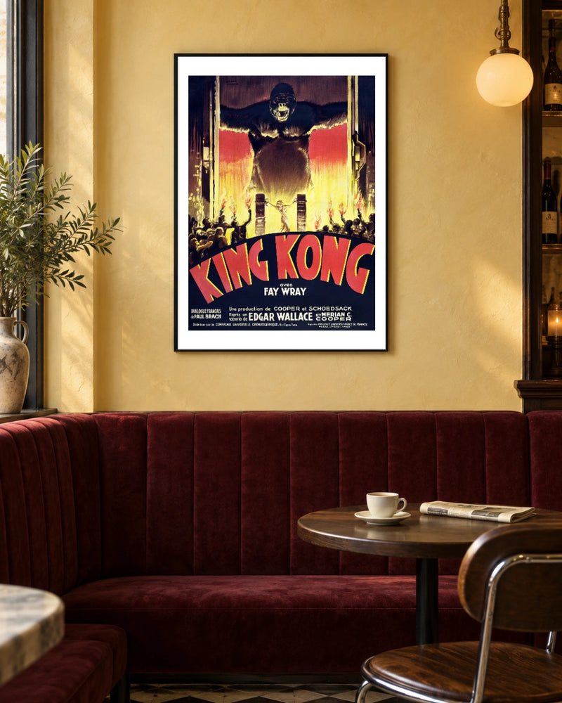 King Kong French Vintage Movie Poster (1933) in a black frame; styled bistro setting.