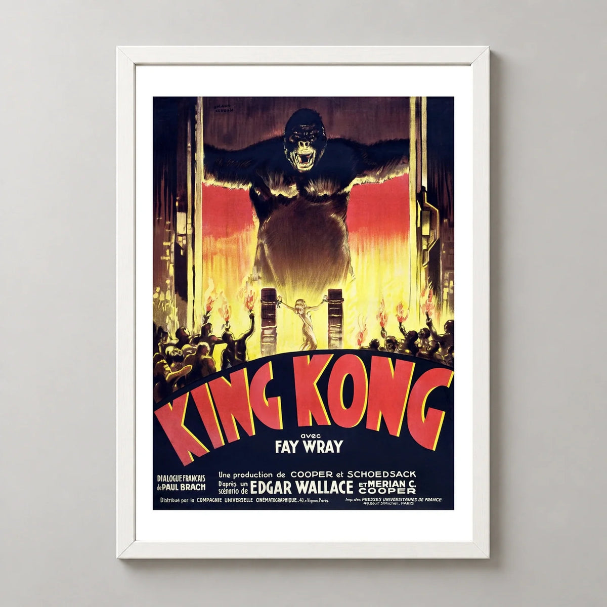 King Kong French Vintage Movie Poster (1933) in a white frame, front view