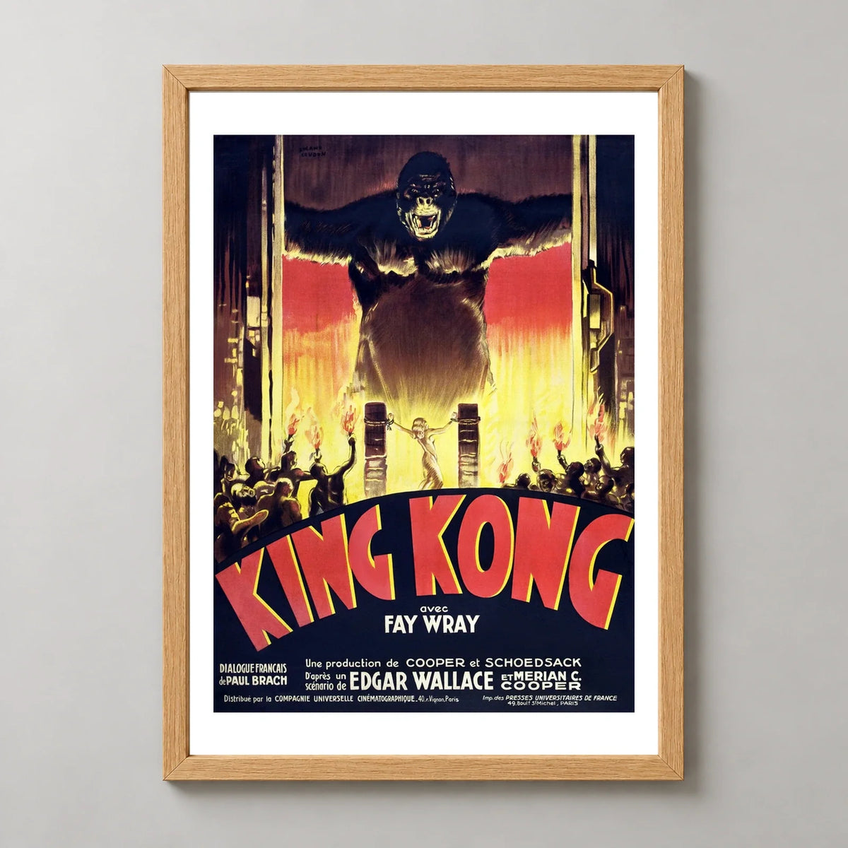 King Kong French Vintage Movie Poster (1933) in a natural wood frame, front view