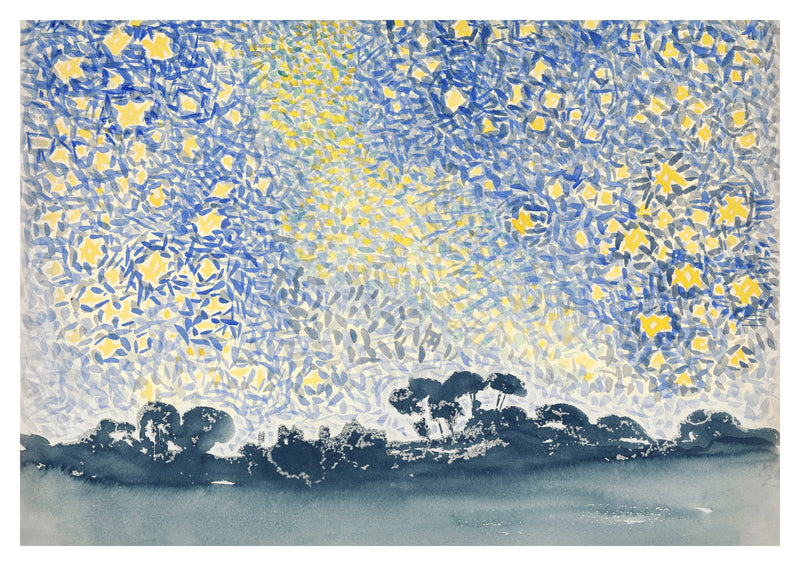 Landscape with Stars Art Print by Henri-Edmond Cross. Golden marks scatter across a luminous blue sky above a dark, distant landscape