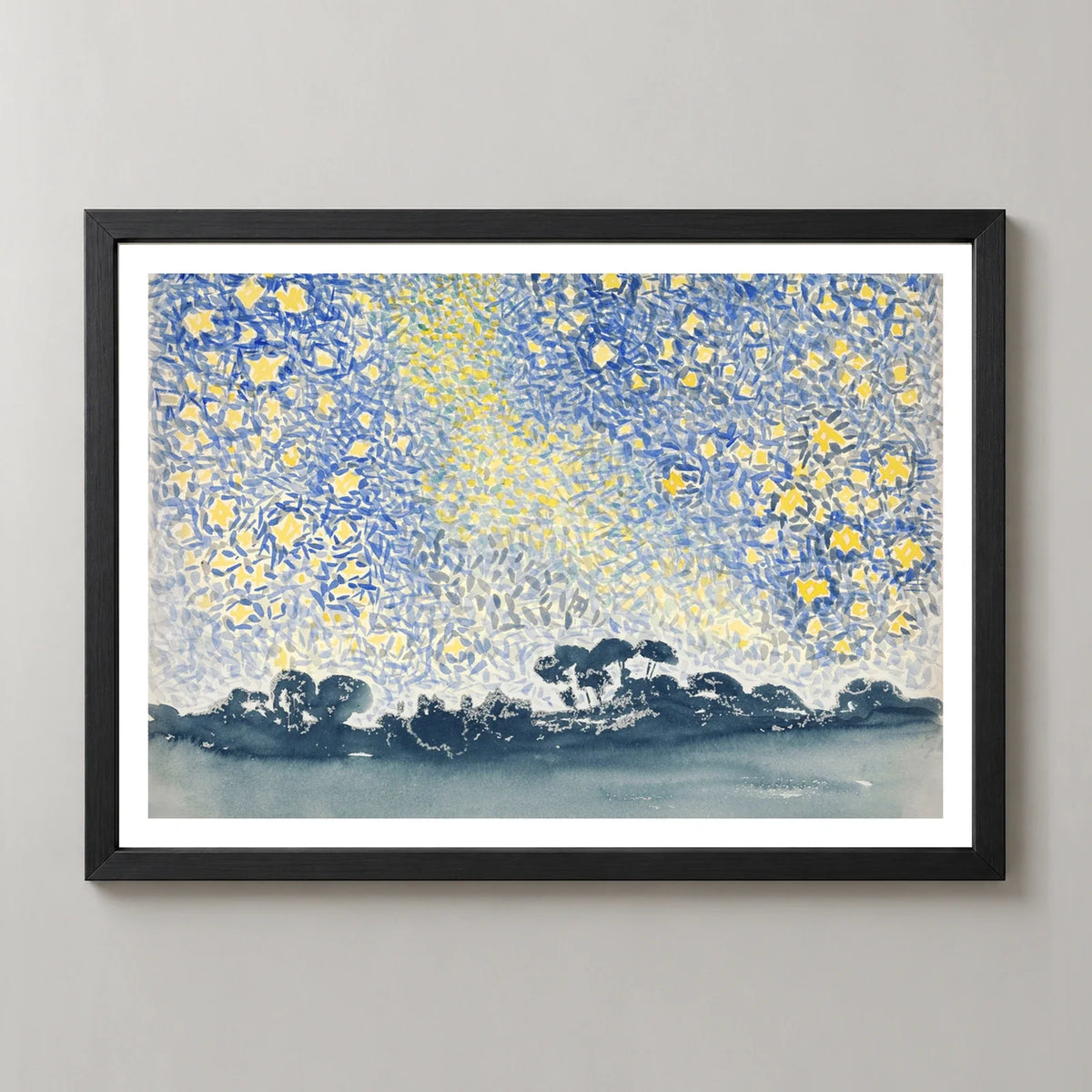 Landscape with Stars Art Print by Henri-Edmond Cross in a black frame, front view