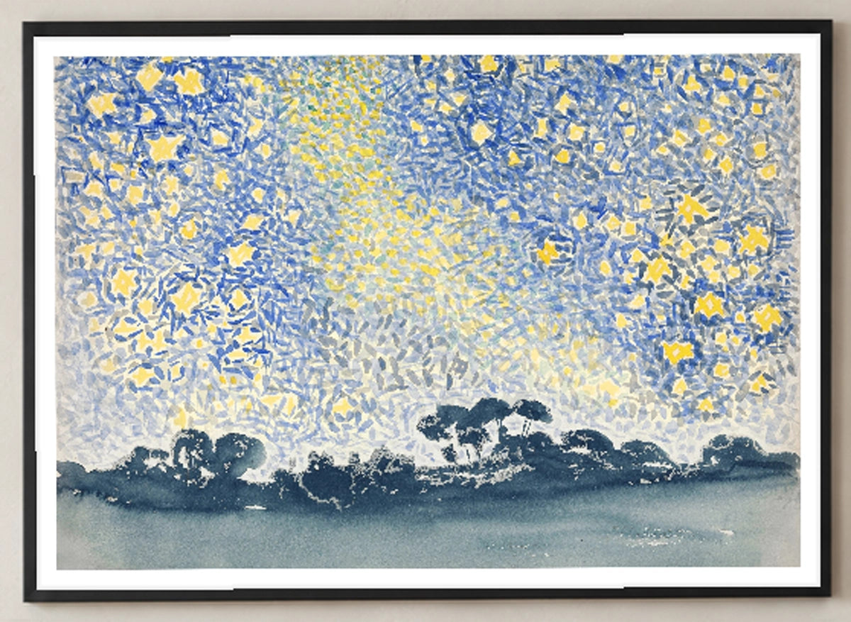 Landscape with Stars Art Print by Henri-Edmond Cross in a black frame; close-up of the framed artwork.