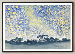 Landscape with Stars Art Print by Henri-Edmond Cross in a black frame; close-up of the framed artwork.
