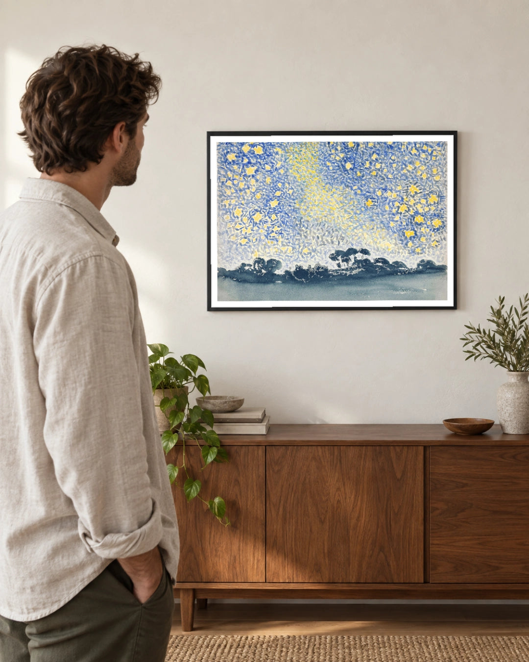 Landscape with Stars Art Print by Henri-Edmond Cross in a styled interior