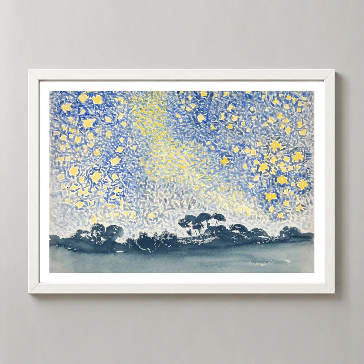 Landscape with Stars Art Print by Henri-Edmond Cross in a white frame, front view