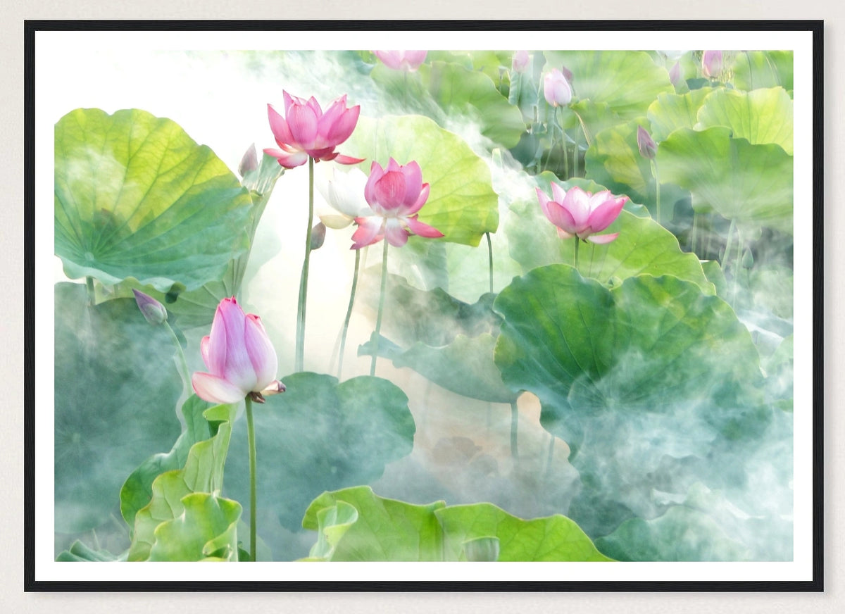 Lotus Summer in a black frame; landscape front-view mockup