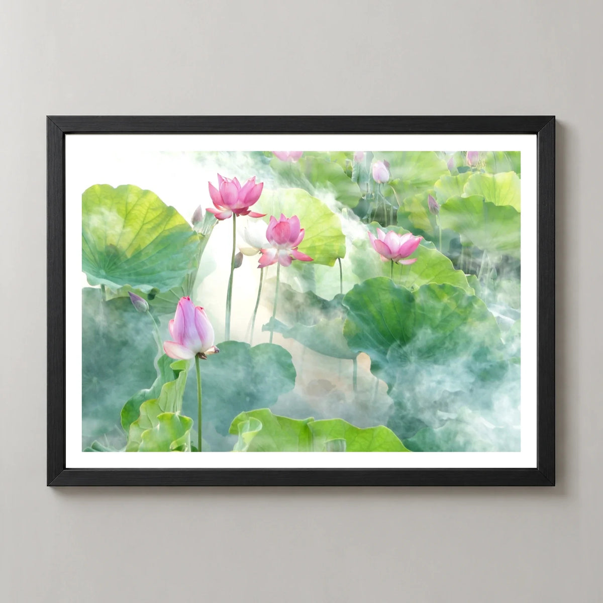 Lotus Summer Art Print in a black frame, front view