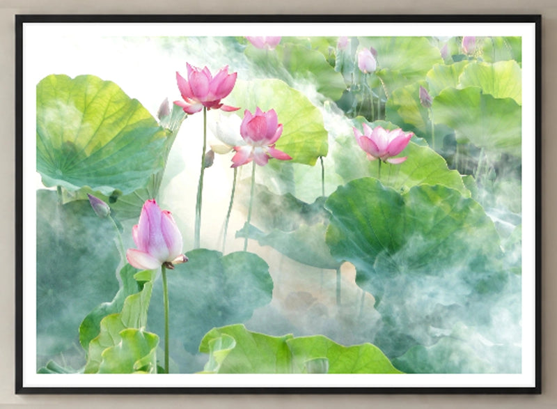 Lotus Summer Art Print in a black frame; close-up of the framed artwork.