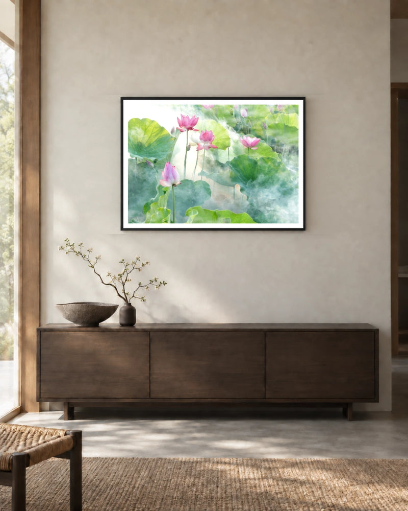 Lotus Summer Art Print in a black frame; styled landscape setting.