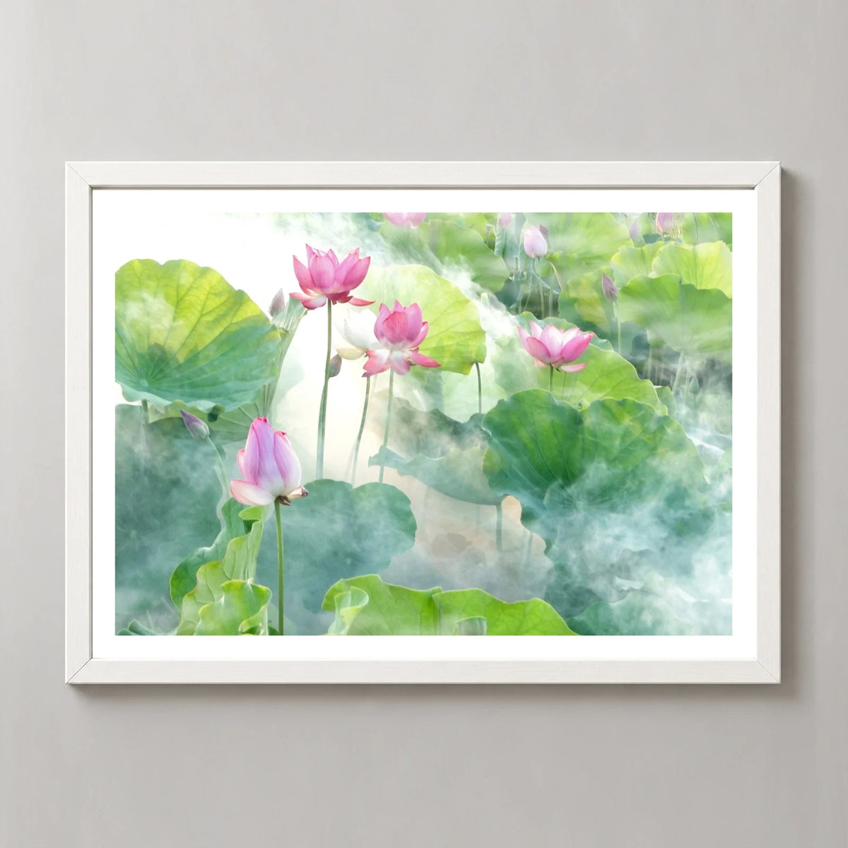Lotus Summer Art Print in a white frame, front view