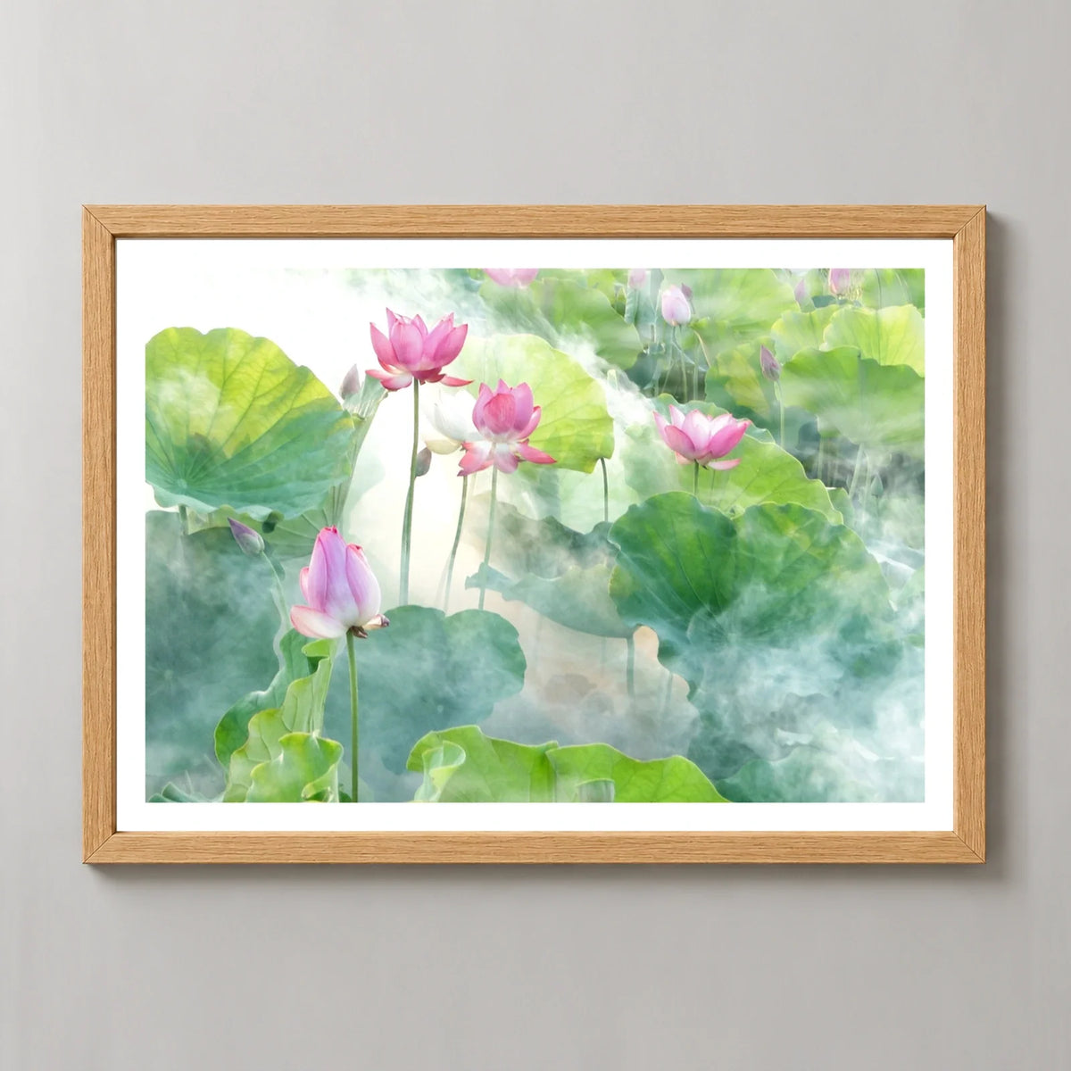 Lotus Summer Art Print in a natural wood frame, front view