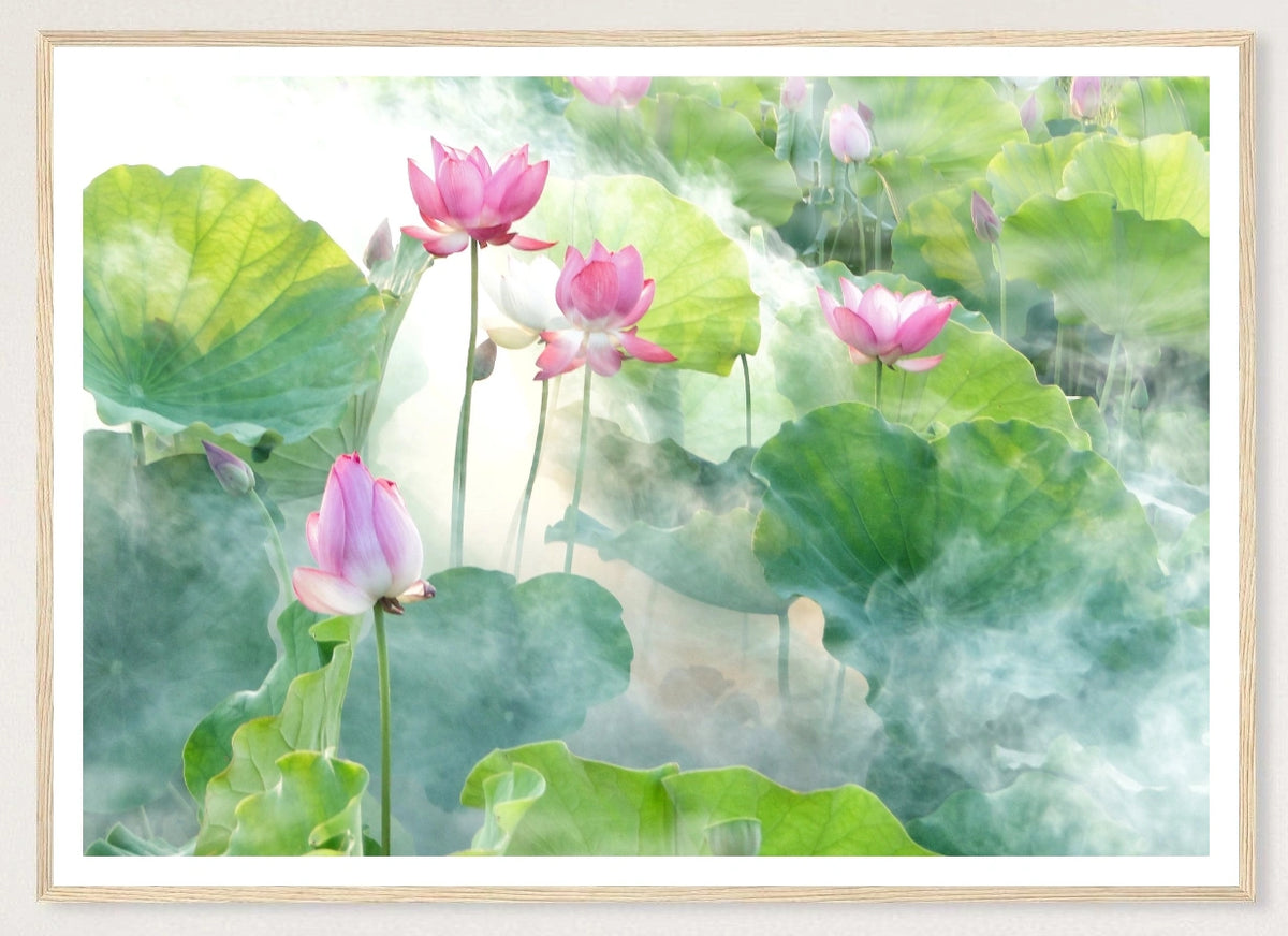 Lotus Summer in a natural wood frame; landscape front-view mockup