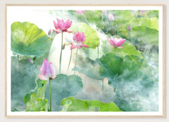 Lotus Summer in a natural wood frame; landscape front-view mockup