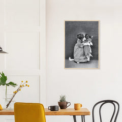 Miss Kindeyes in a natural wood frame above a dining table; styled room mockup