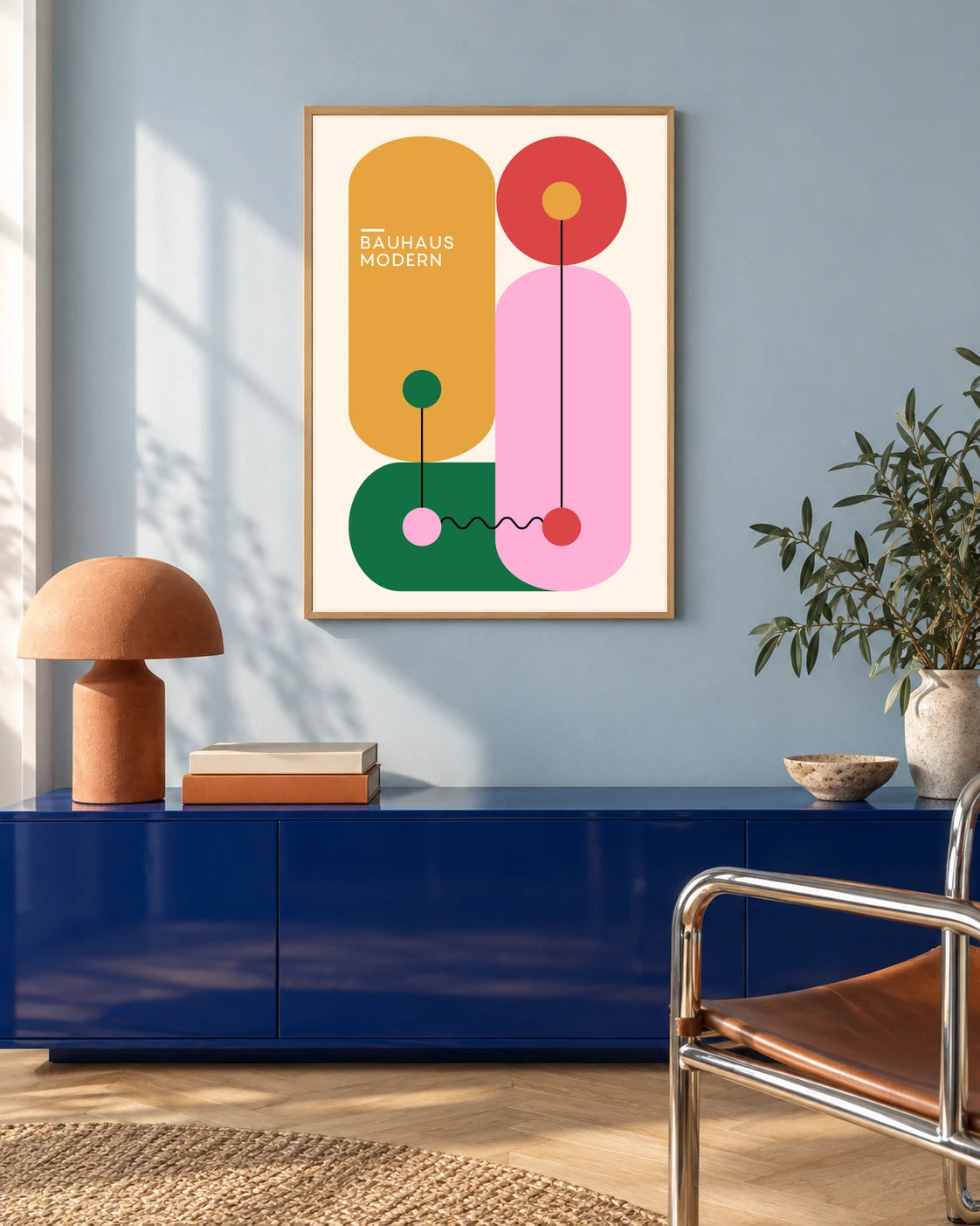 Modernist Garden — styled room visualisation in a natural wood frame