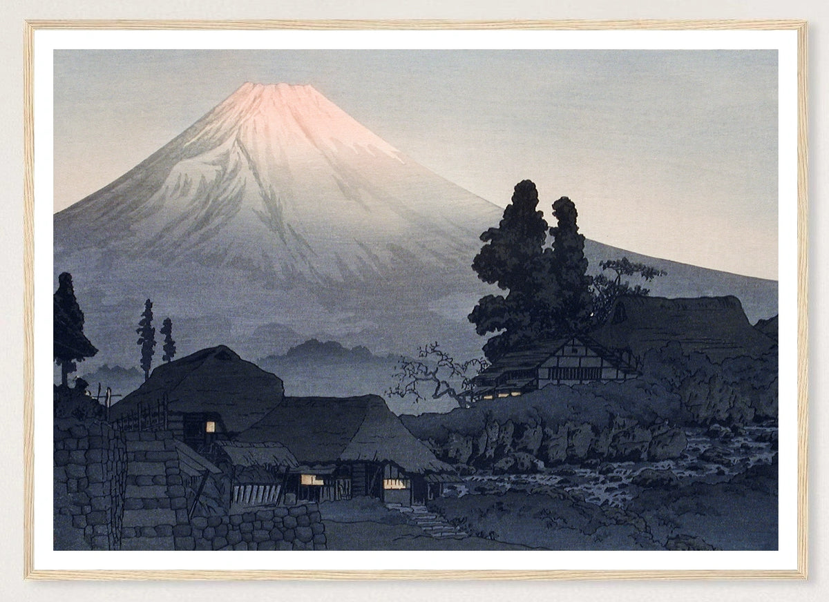 Mount Fuji from Mizukubo in a natural wood frame; landscape front-view mockup