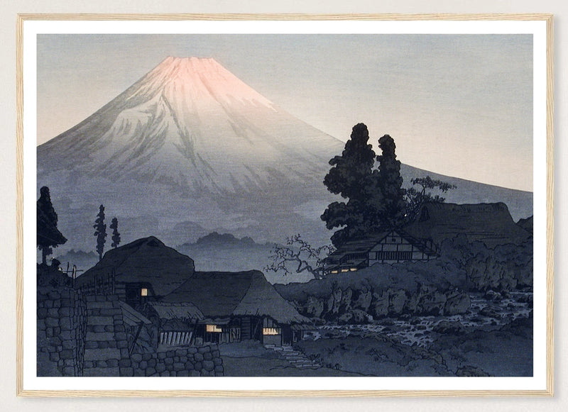Mount Fuji from Mizukubo in a natural wood frame; landscape front-view mockup