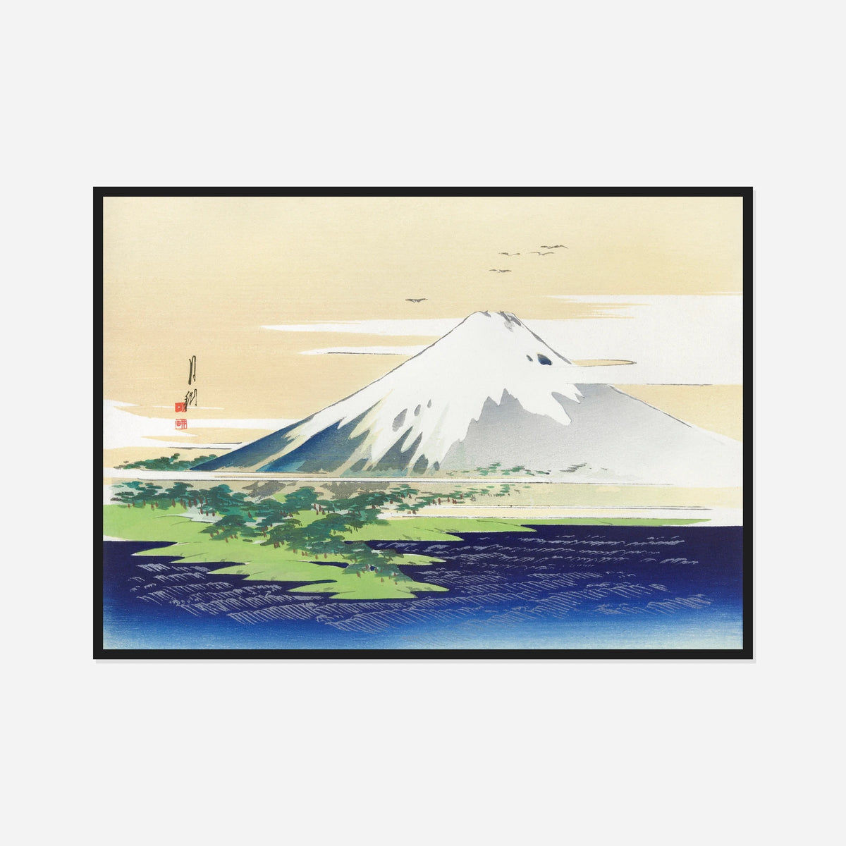 Mount Fuji in a Golden Sky — front view in a black frame