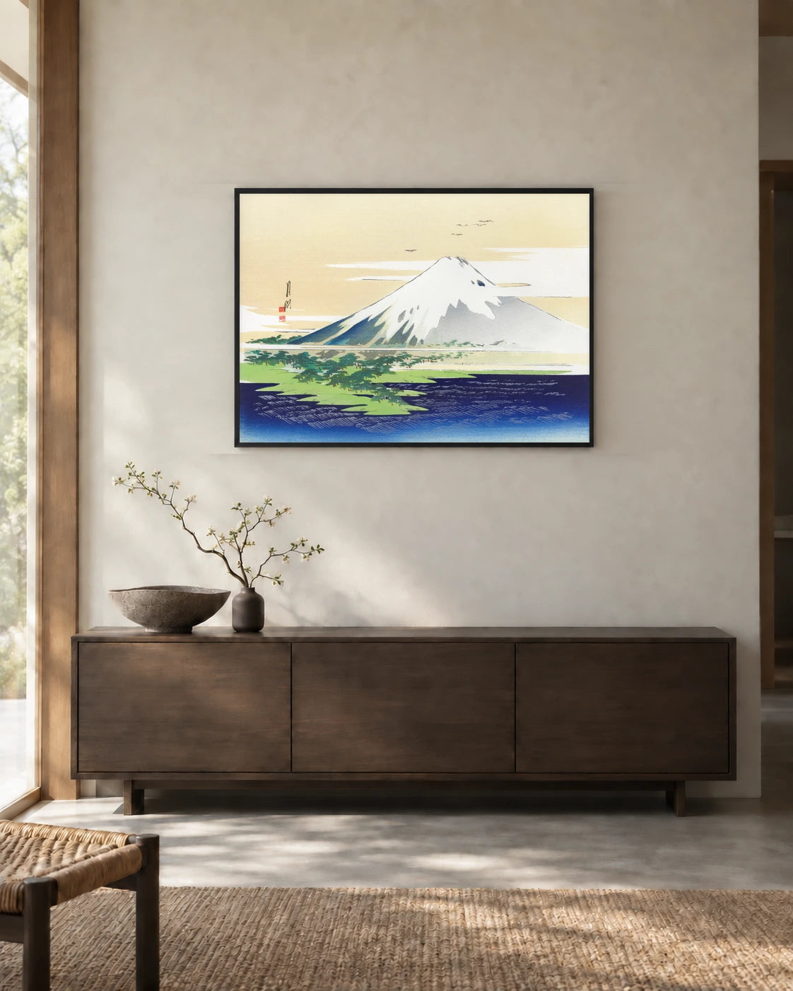 Mount Fuji in a Golden Sky — styled room visualisation in a black frame