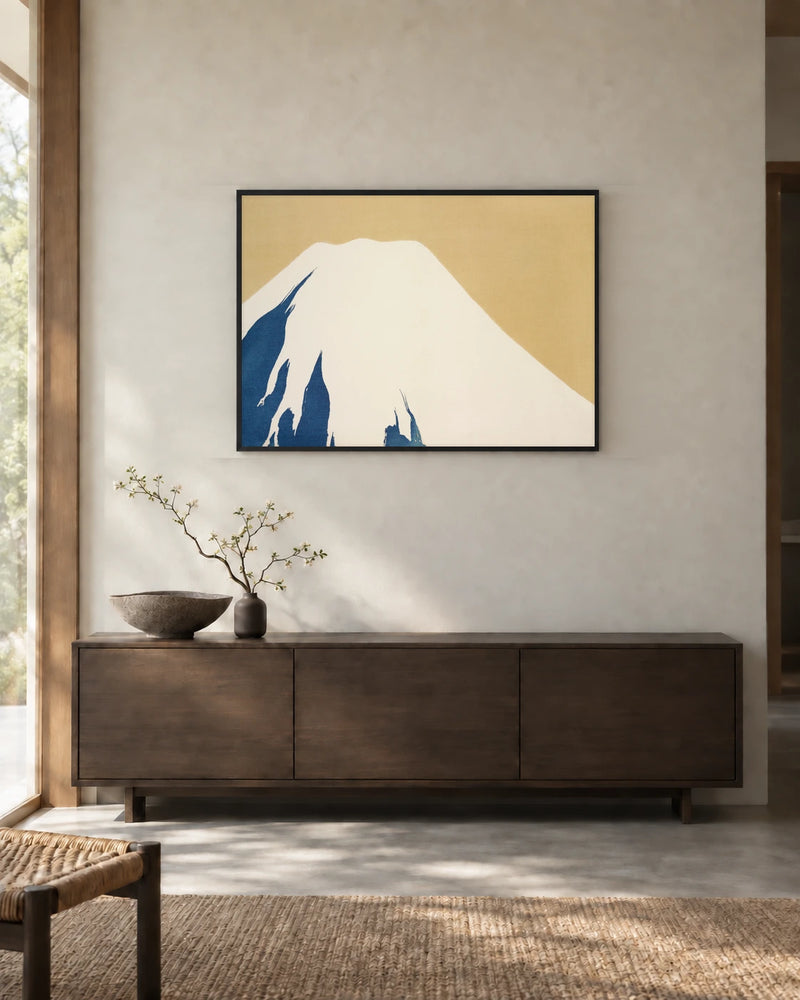 Mount Fuji in Blue and Cream — styled room visualisation in a black frame