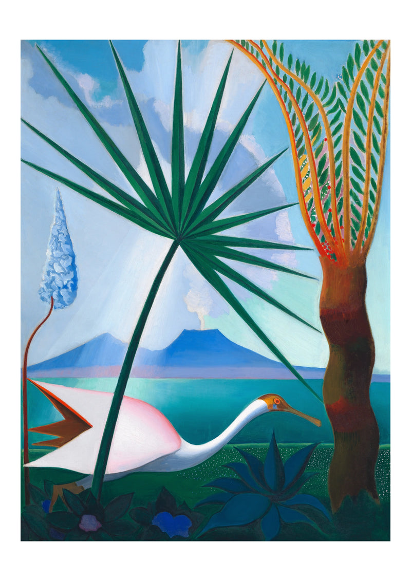 Neapolitan Song Art Print by Joseph Stella (1929). Fan-shaped leaves, a white bird and clear blue water give Joseph Stella’s Neapolitan Song its vivid, tropical character