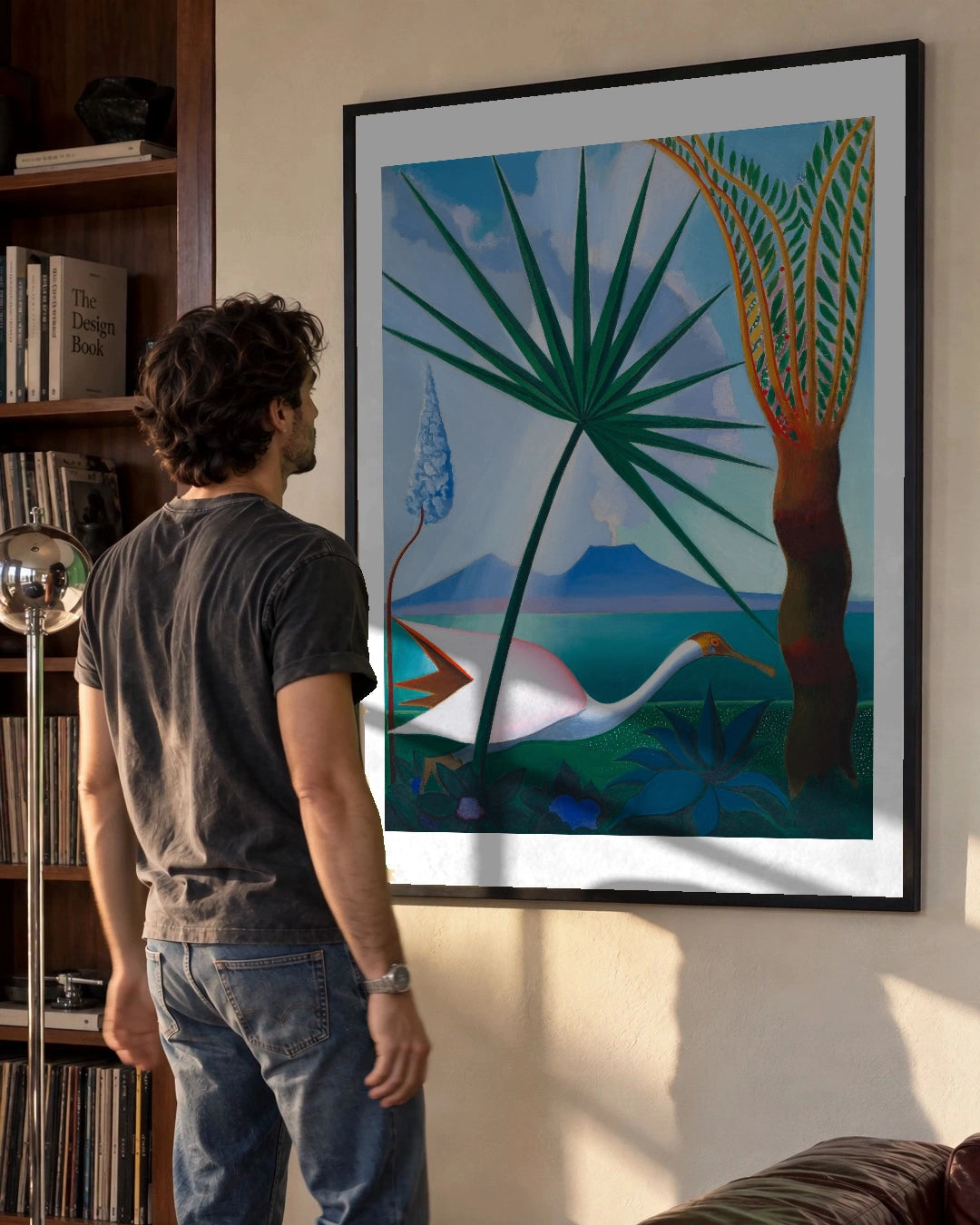 Neapolitan Song Art Print by Joseph Stella (1929) in a black frame; styled man setting.