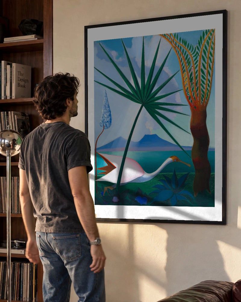 Neapolitan Song Art Print by Joseph Stella (1929) in a black frame; styled man setting.