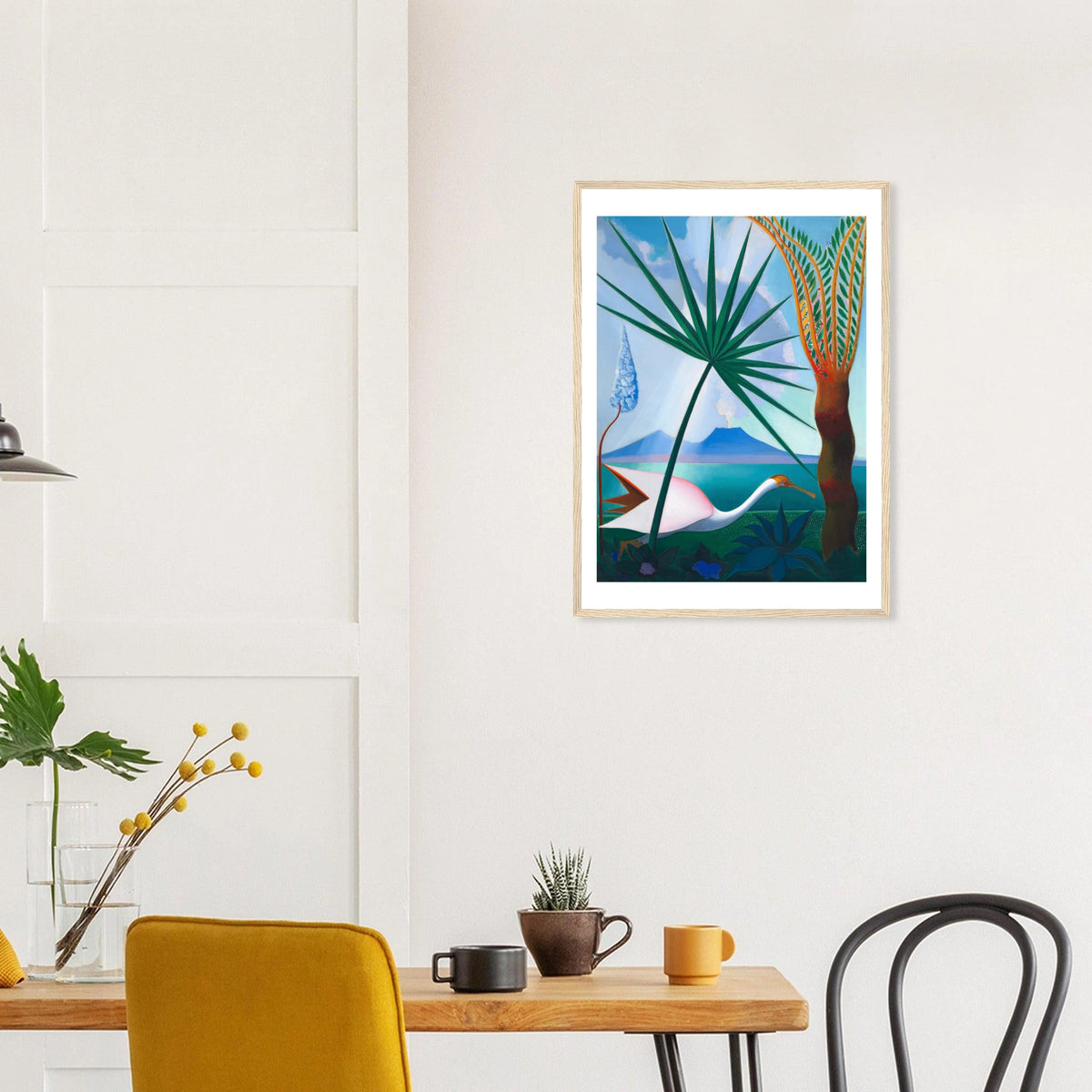 Neapolitan Song in a natural wood frame above a dining table; styled room mockup