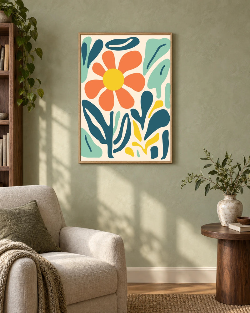 Orange Daisy and Leaves — styled room visualisation in a natural wood frame