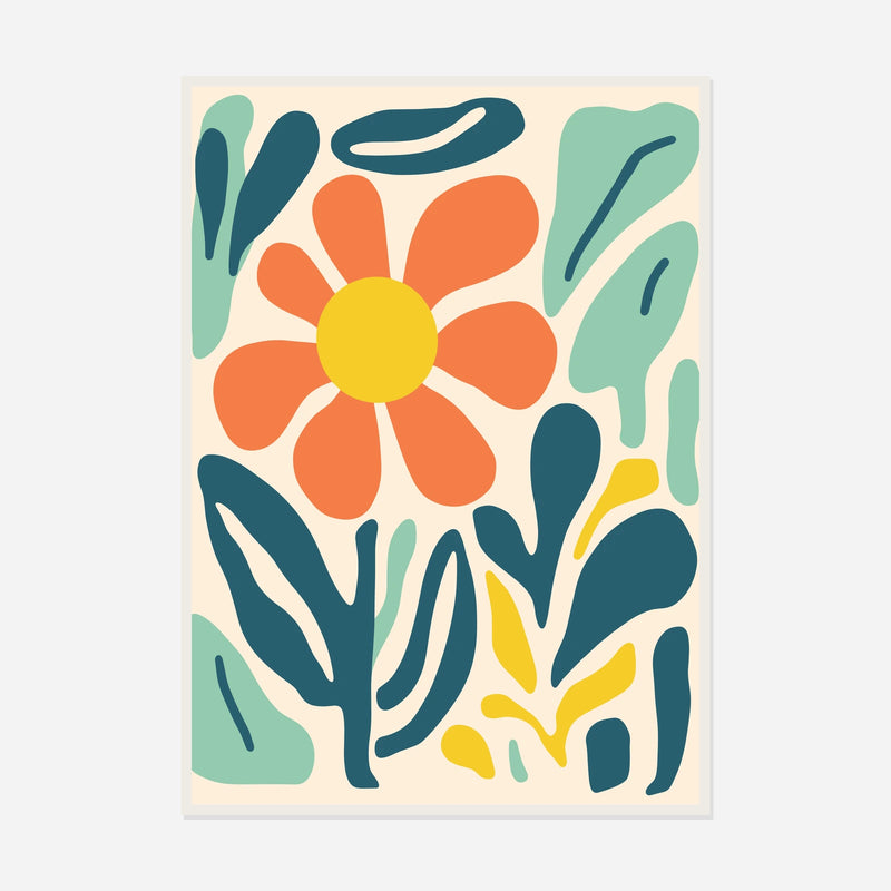 Orange Daisy and Leaves — front view in a white frame