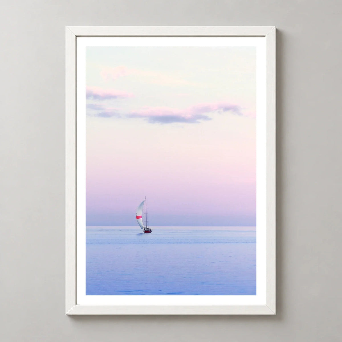 Pastel Sailing Coastal Photographic Print in a white frame, front view