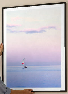 Pastel Sailing Coastal Photographic Print in a black frame; close-up of the framed artwork.
